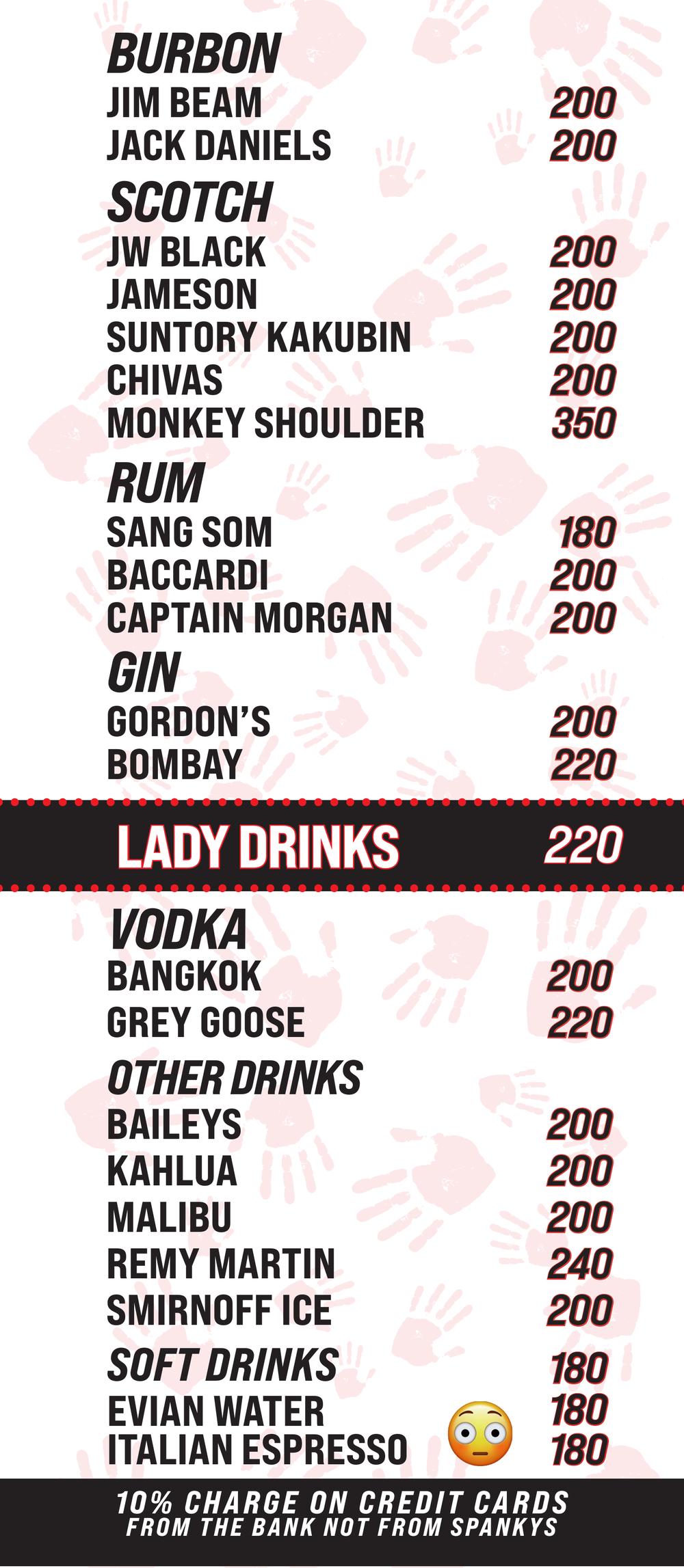 Spankys Bangkok menu β beers, shots and soft drinks